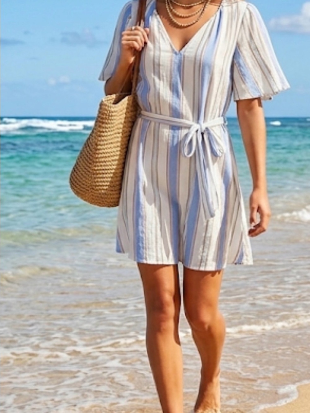 LOFT Striped V-Neck Tie-Waist Beach Dress in Blue and White